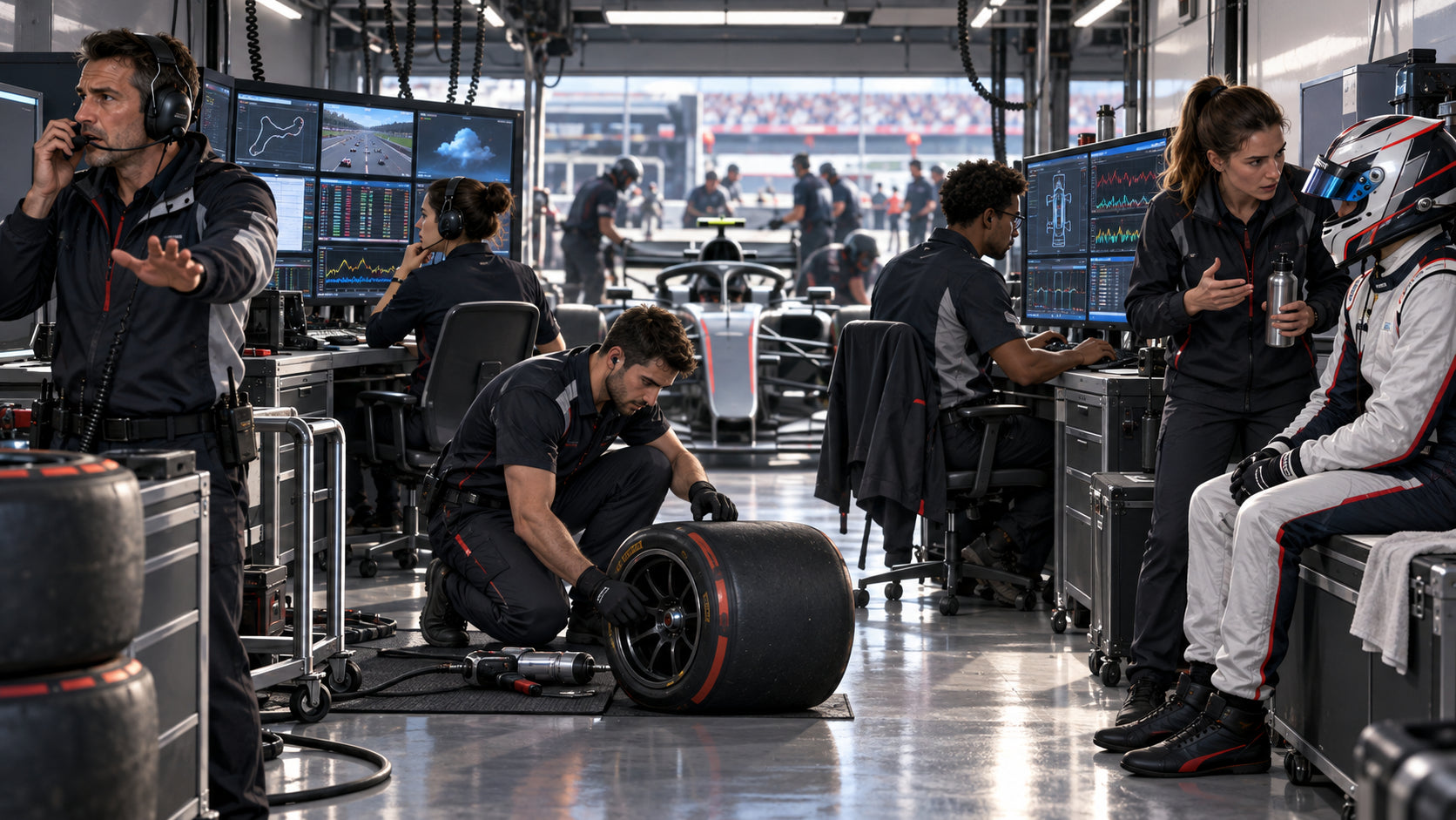 Five Formula racing team professionals working around a generic race car in a garage.