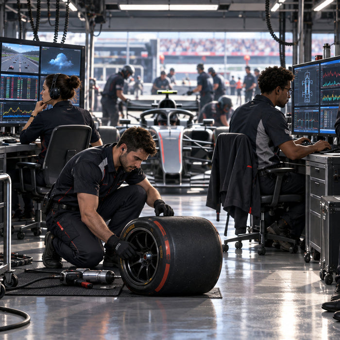 Five Formula racing team professionals working around a generic race car in a garage.