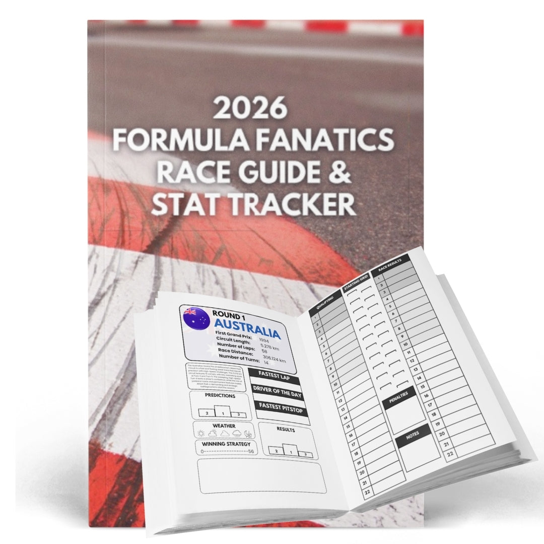 2026 Formula Fanatics Race Guide & Stat Tracker with racing-themed cover