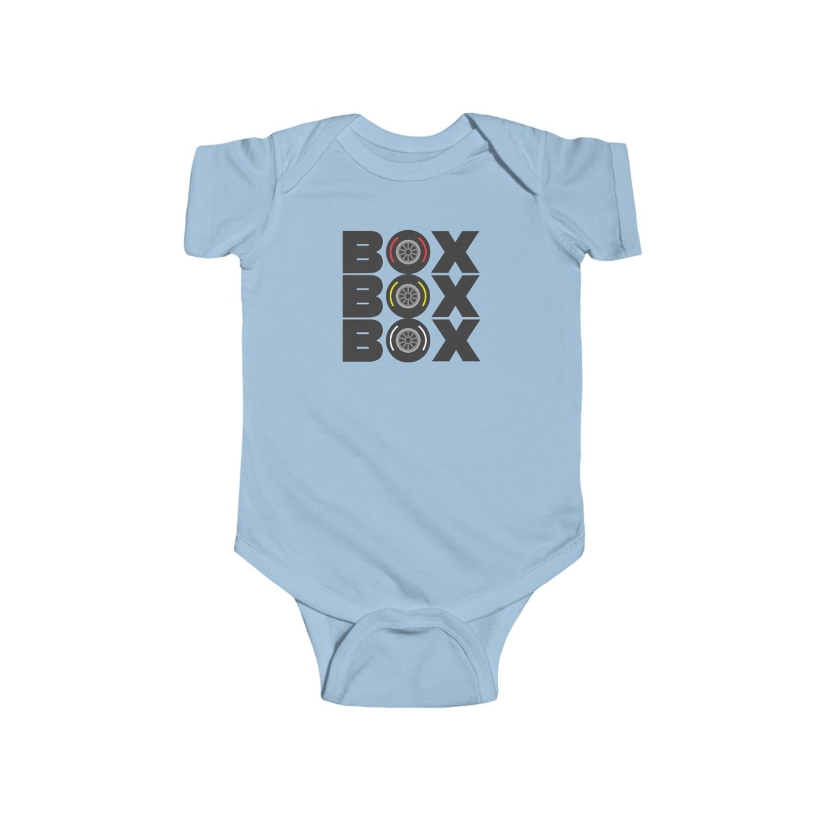 White infant bodysuit with 'BOX BOX BOX' text graphic in black.