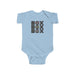 White infant bodysuit with 'BOX BOX BOX' text graphic in black.