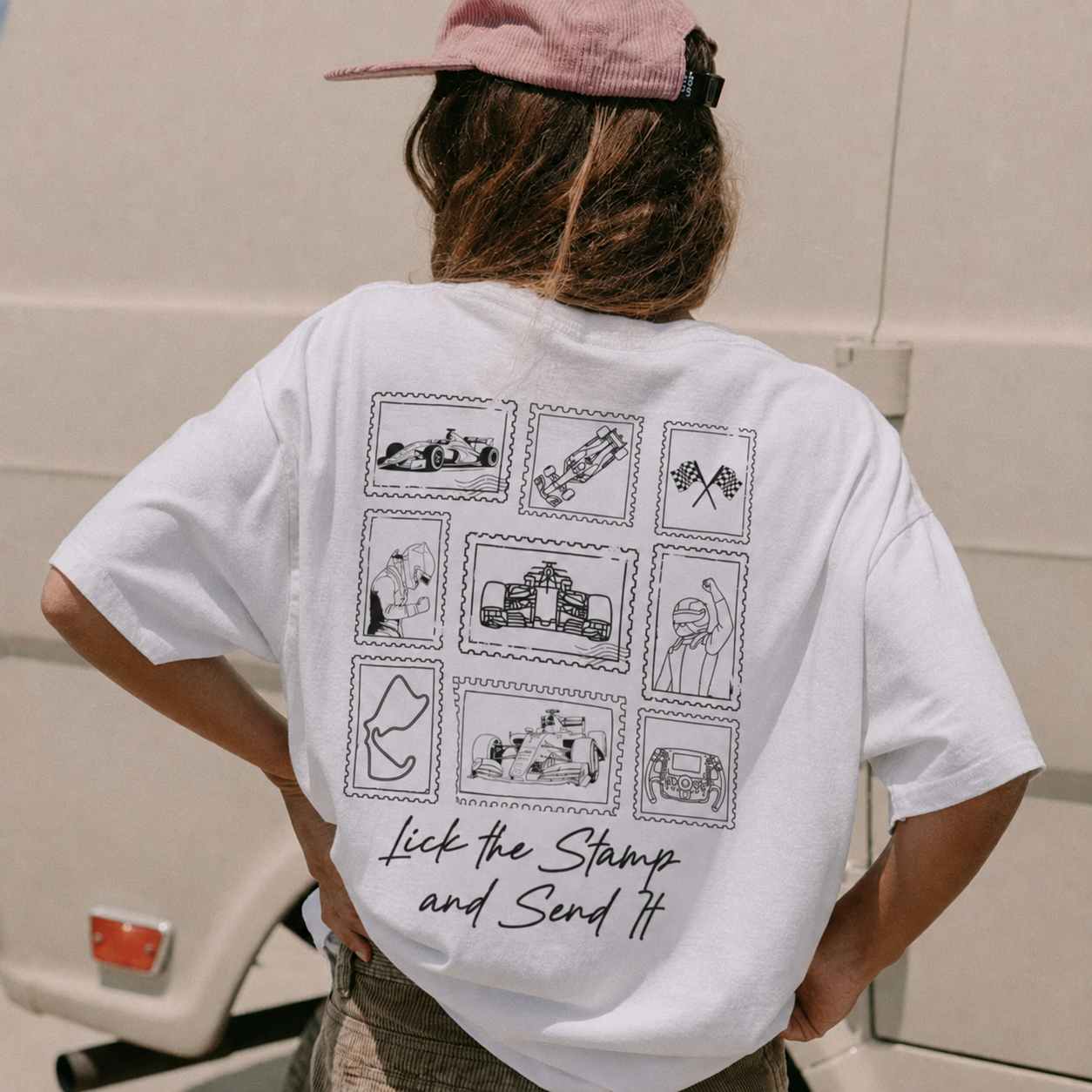 Lick the Stamp and Send It | Premium Adult Racing T-Shirt