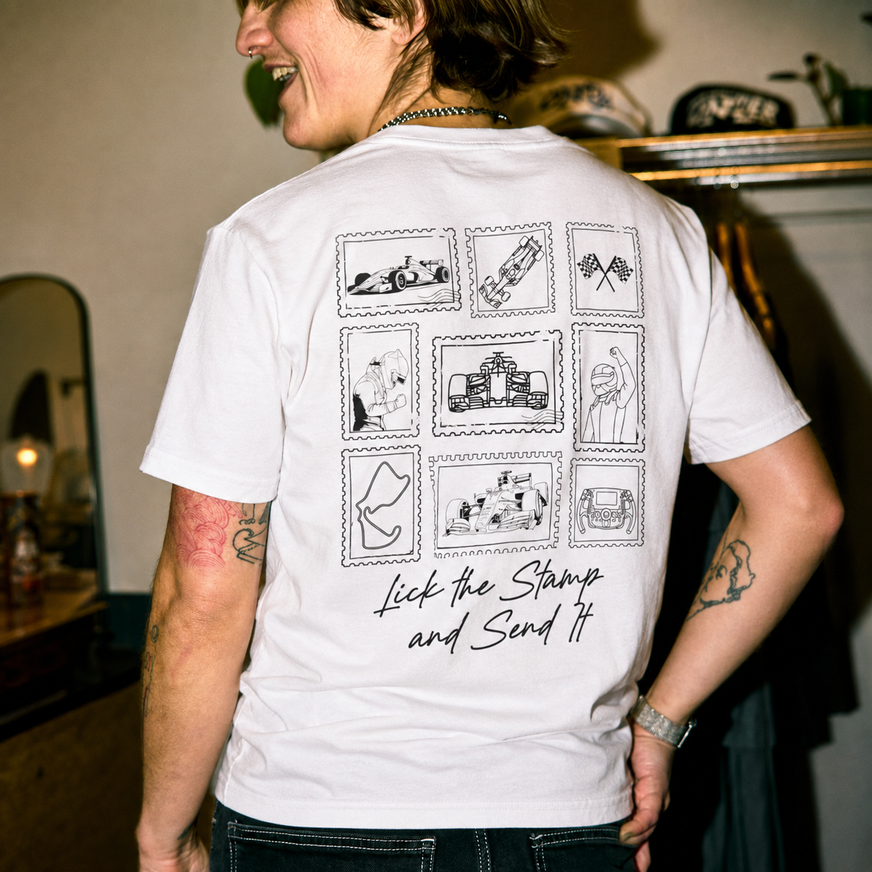 Lick the Stamp and Send It | Premium Adult Racing T-Shirt