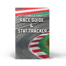 A book or booklet cover titled '2027 Formula Fanatics Race Guide & Stat Tracker' shown upright on a light gray background. The cover features a racetrack scene with red-and-white curbs and green runoff.