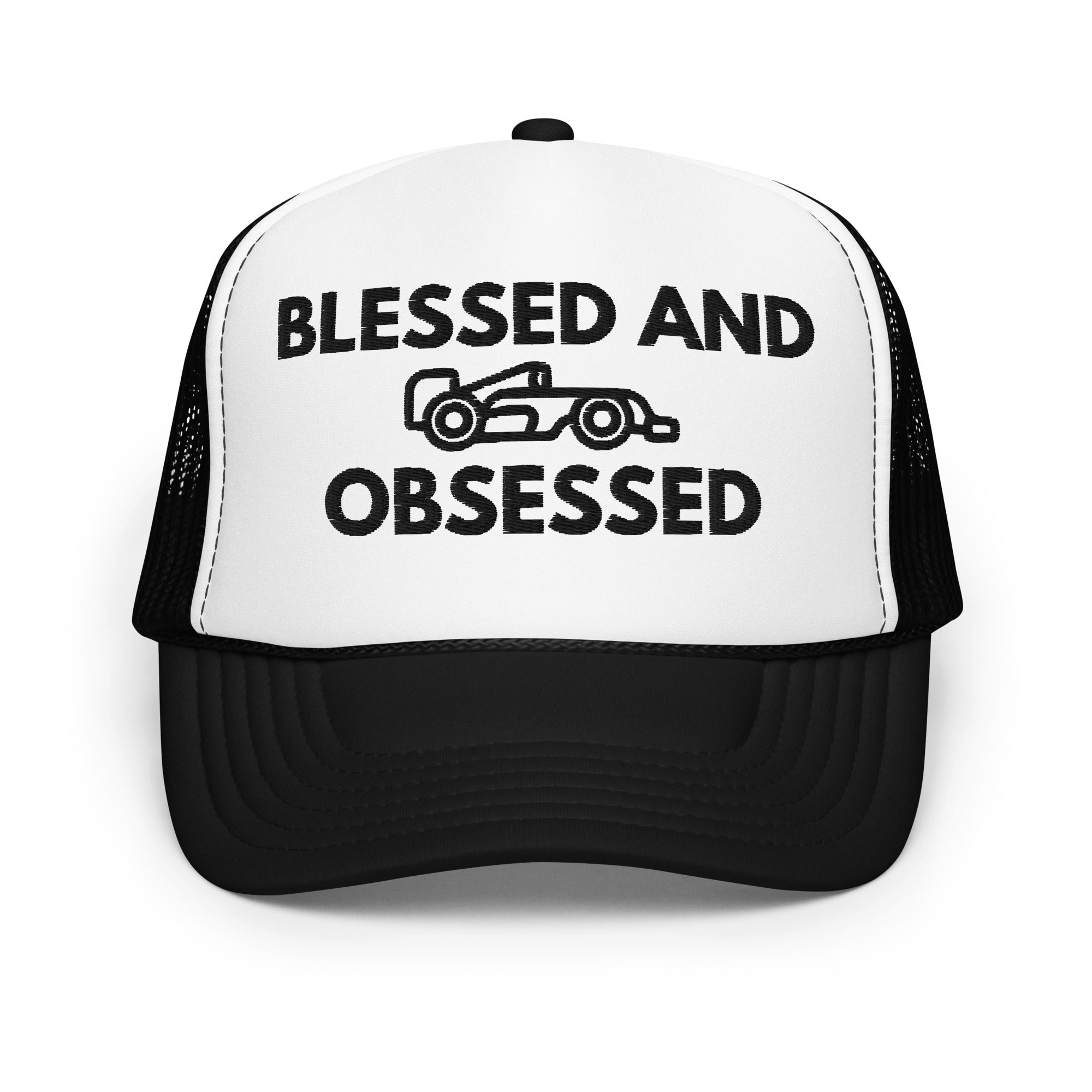 Blessed & Race Obsessed Embroidered Foam Trucker Hat - FormulaFanatics