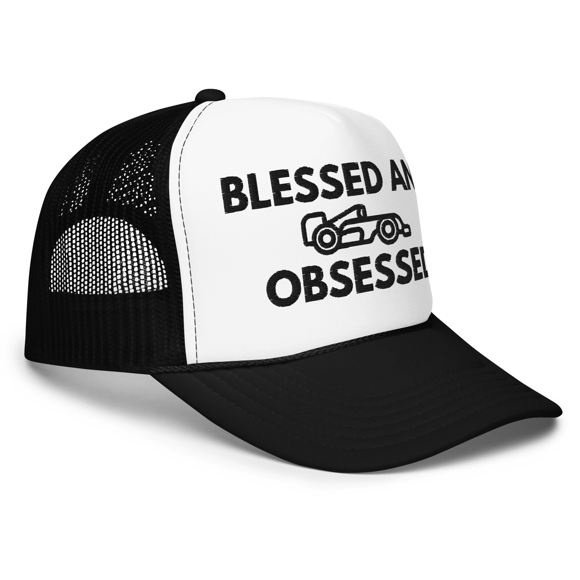 Blessed & Race Obsessed Embroidered Foam Trucker Hat - FormulaFanatics