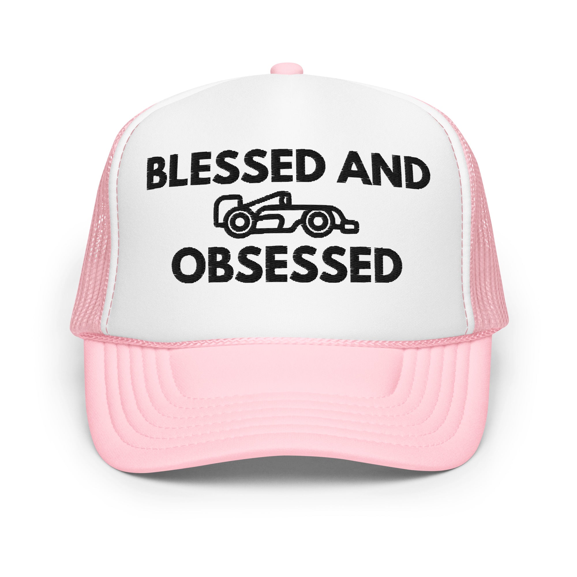 Blessed & Race Obsessed Embroidered Foam Trucker Hat - FormulaFanatics