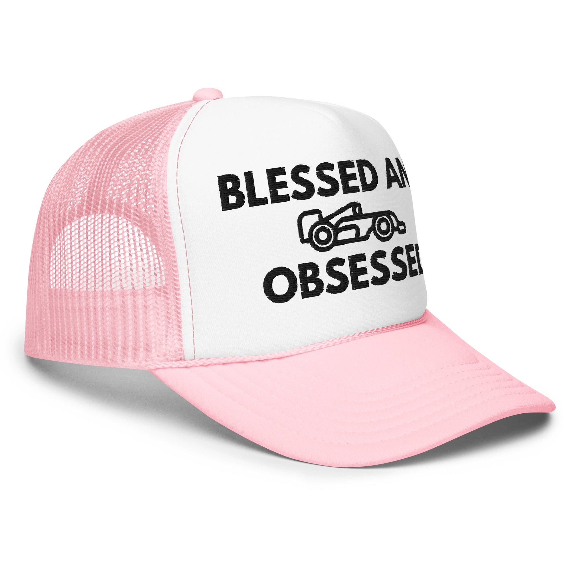 Blessed & Race Obsessed Embroidered Foam Trucker Hat - FormulaFanatics