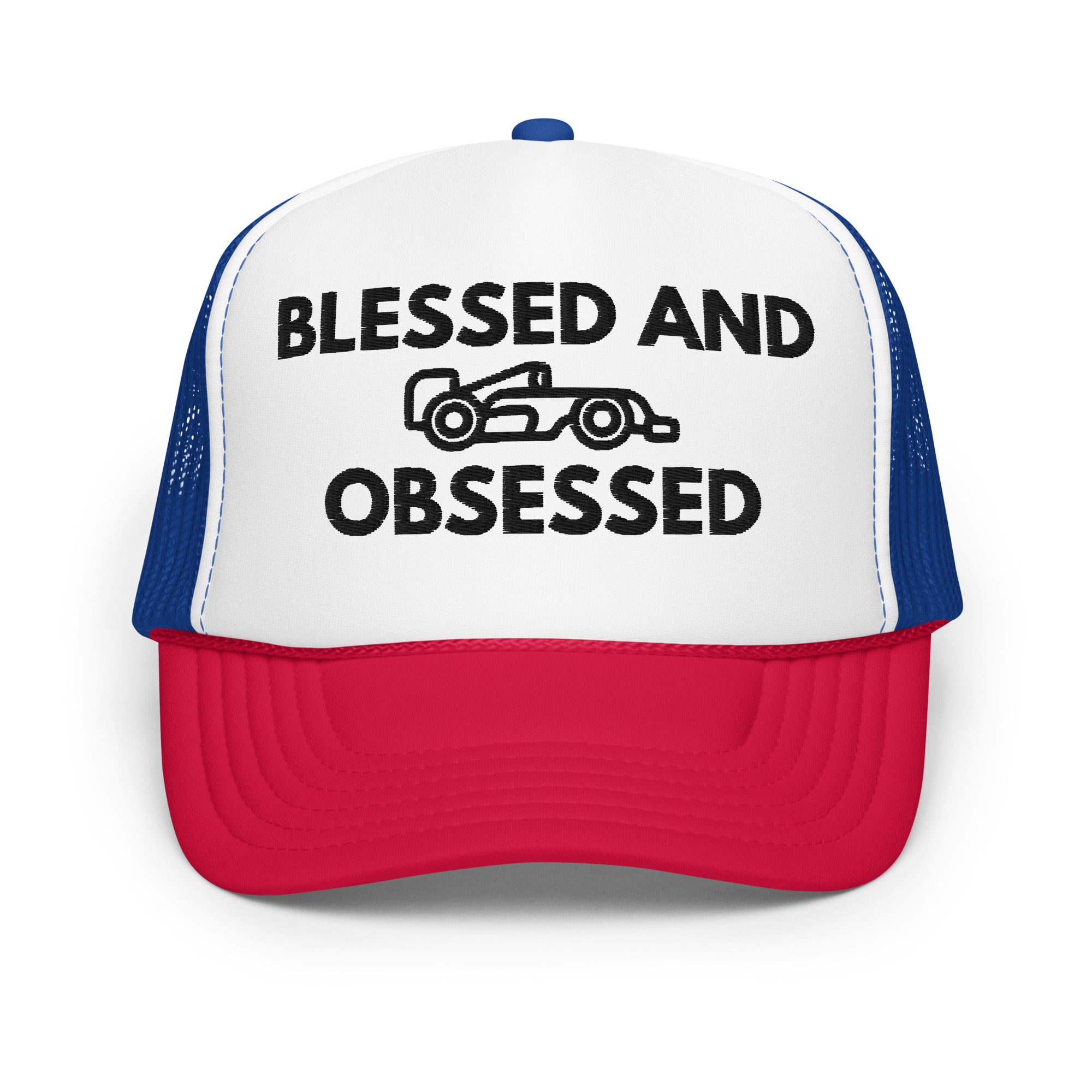 Blessed & Race Obsessed Embroidered Foam Trucker Hat - FormulaFanatics