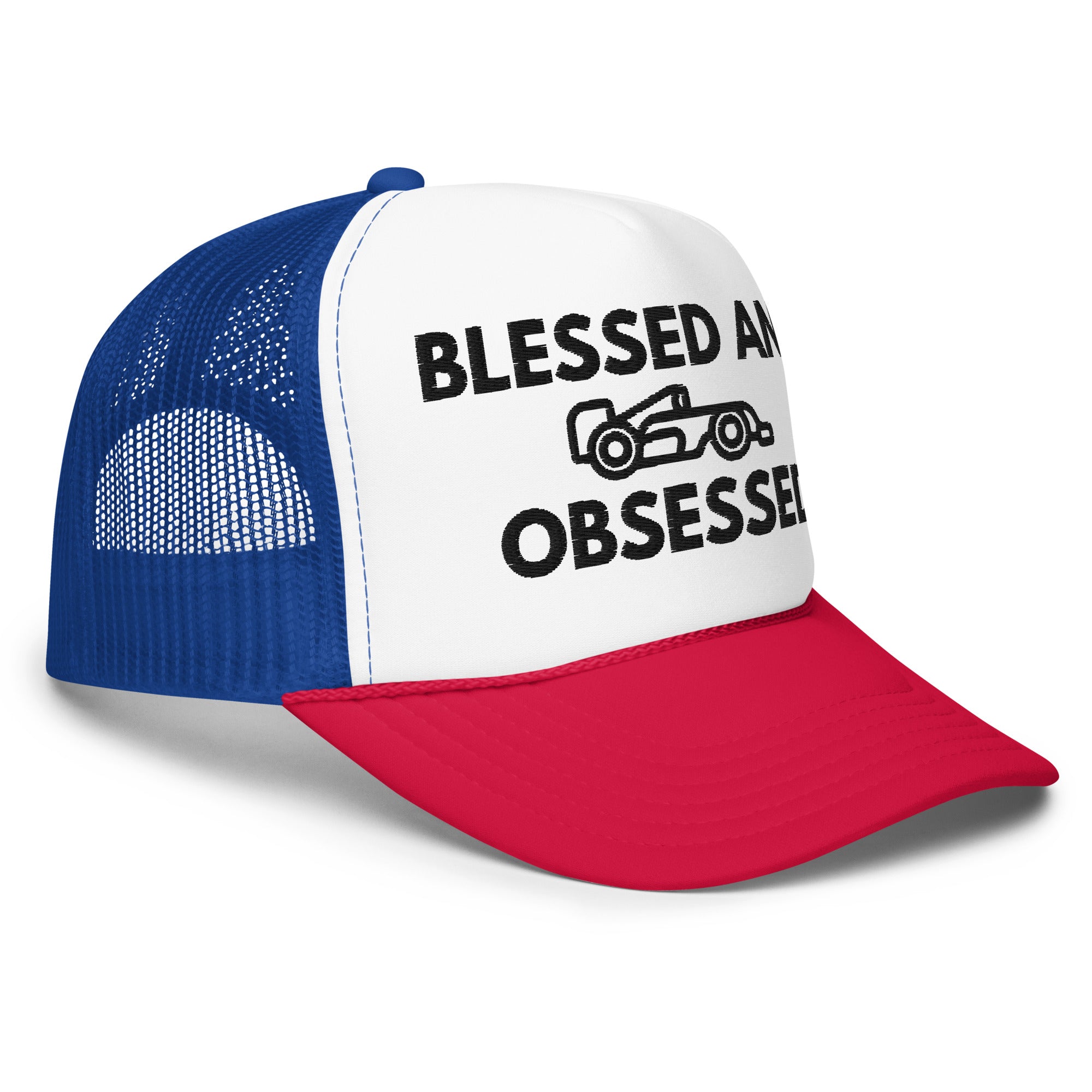 Blessed & Race Obsessed Embroidered Foam Trucker Hat - FormulaFanatics