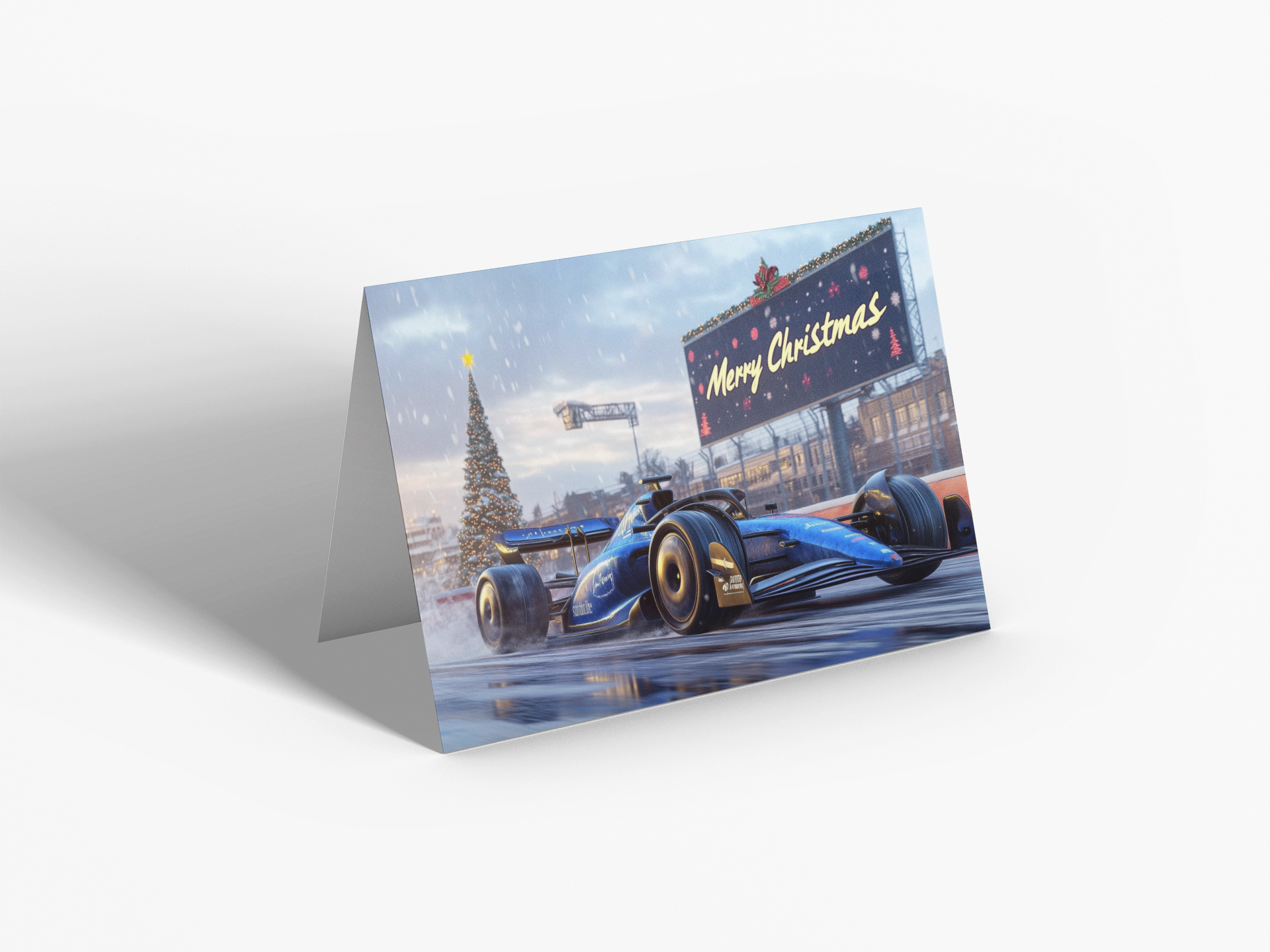 Blue F1 Car Christmas Greeting Card