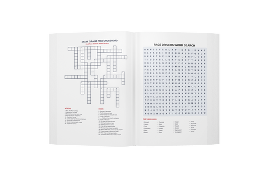An open book or booklet showing two printed pages with crossword and word-search puzzles. The pages are white with black grid lines and small red headings, photographed on a plain white background.