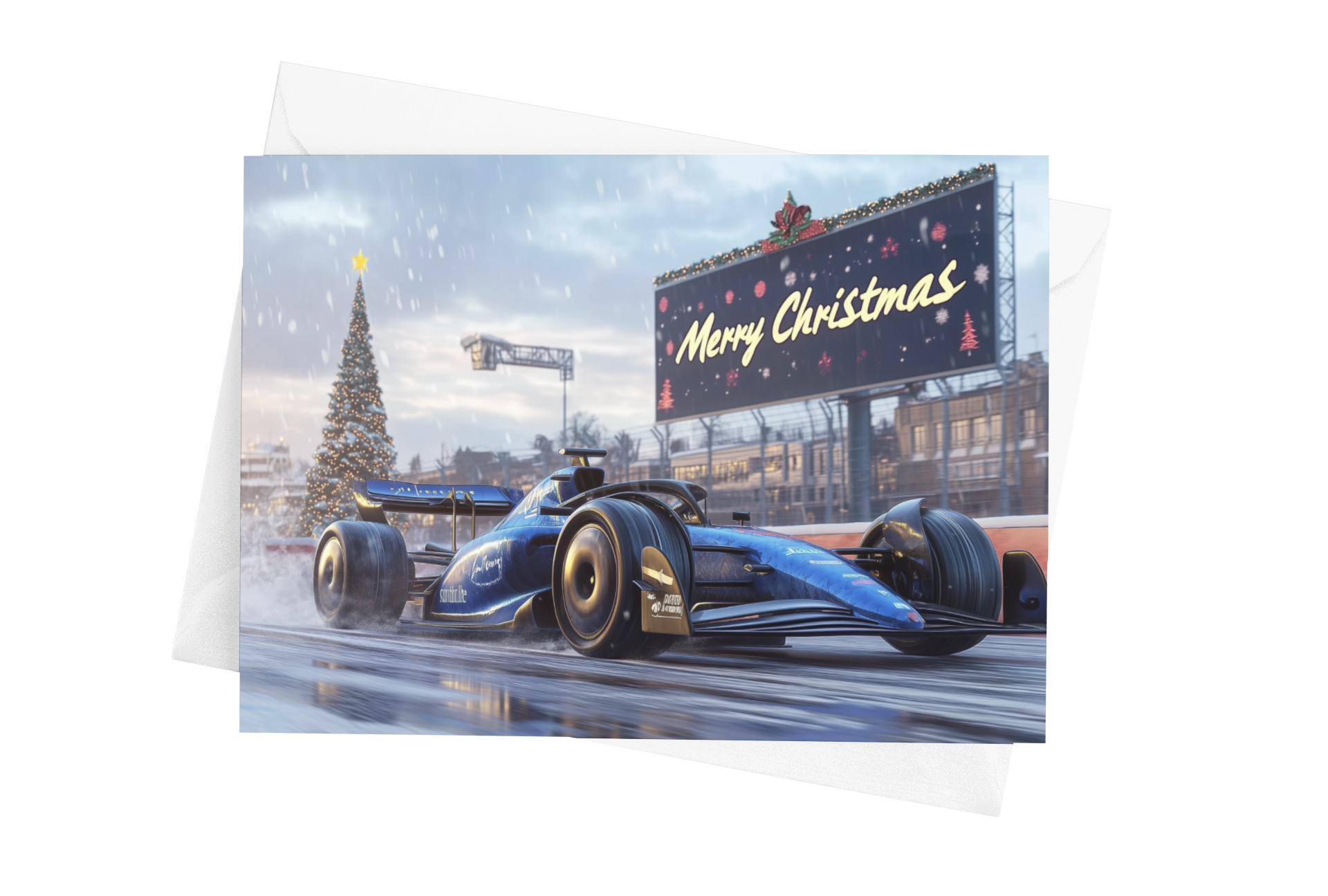 Blue F1 Car Christmas Greeting Card