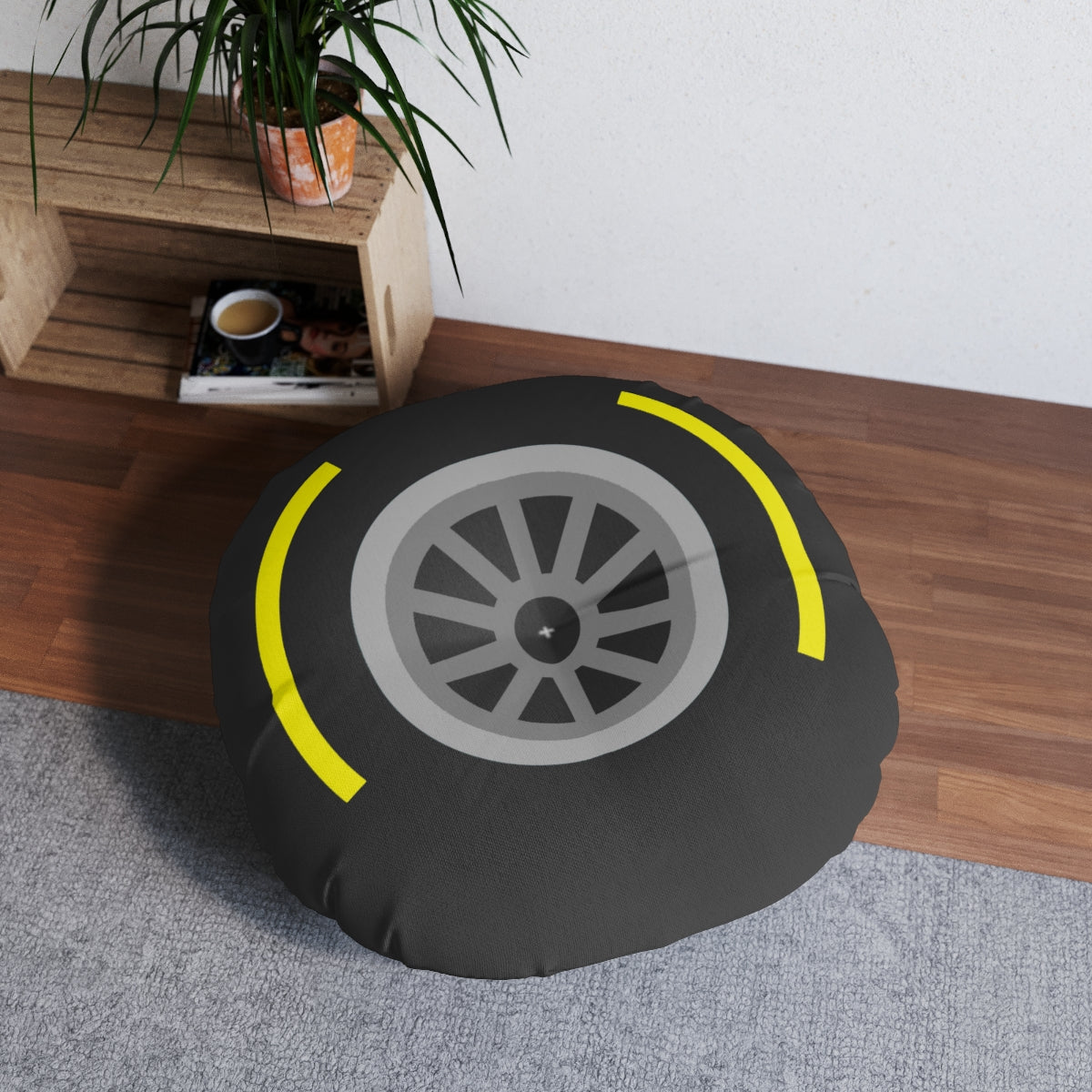 Motorsport Tire - Yellow Tufted Floor Pillow, Round - FormulaFanatics