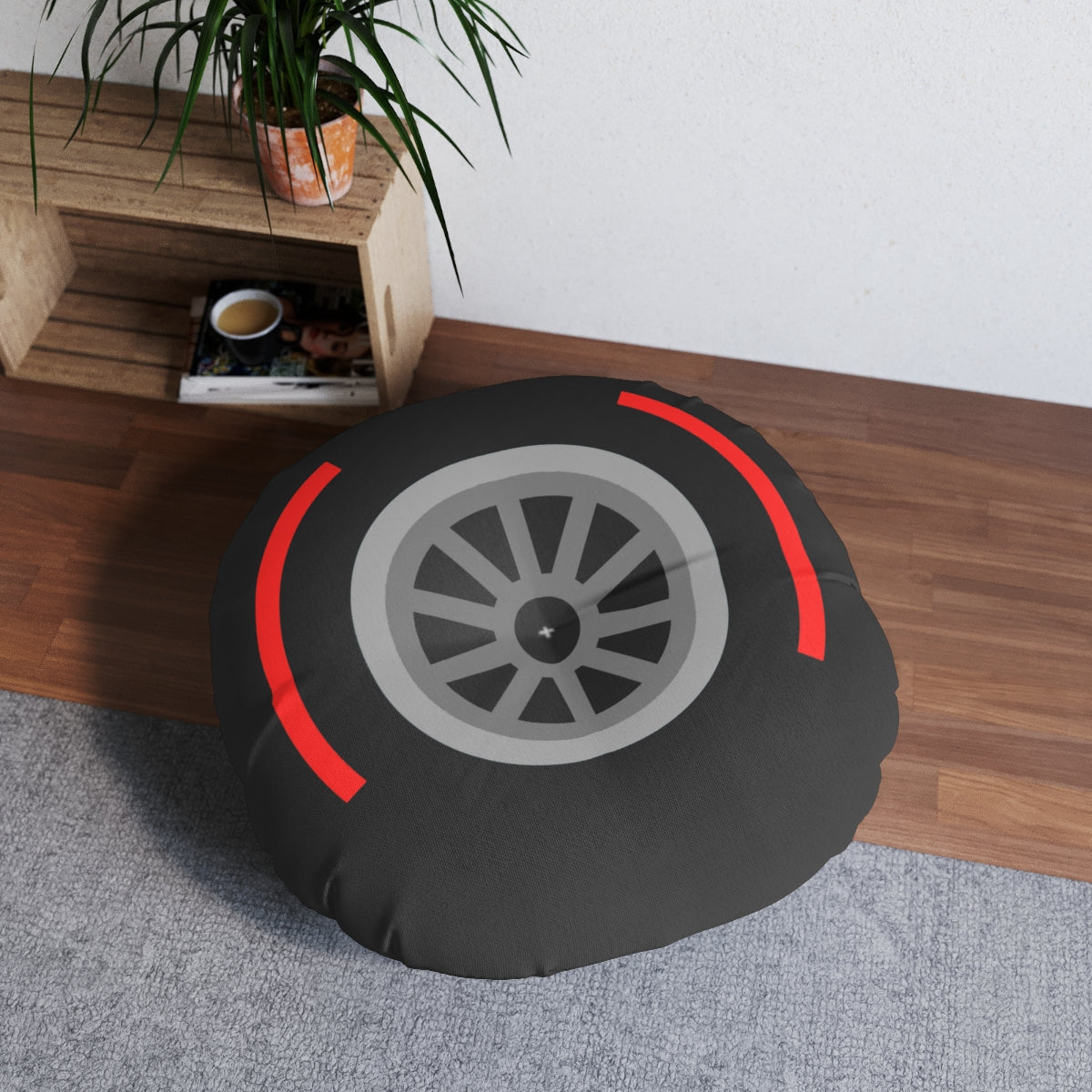 Motorsport Tire - Red Tufted Floor Pillow, Round - FormulaFanatics