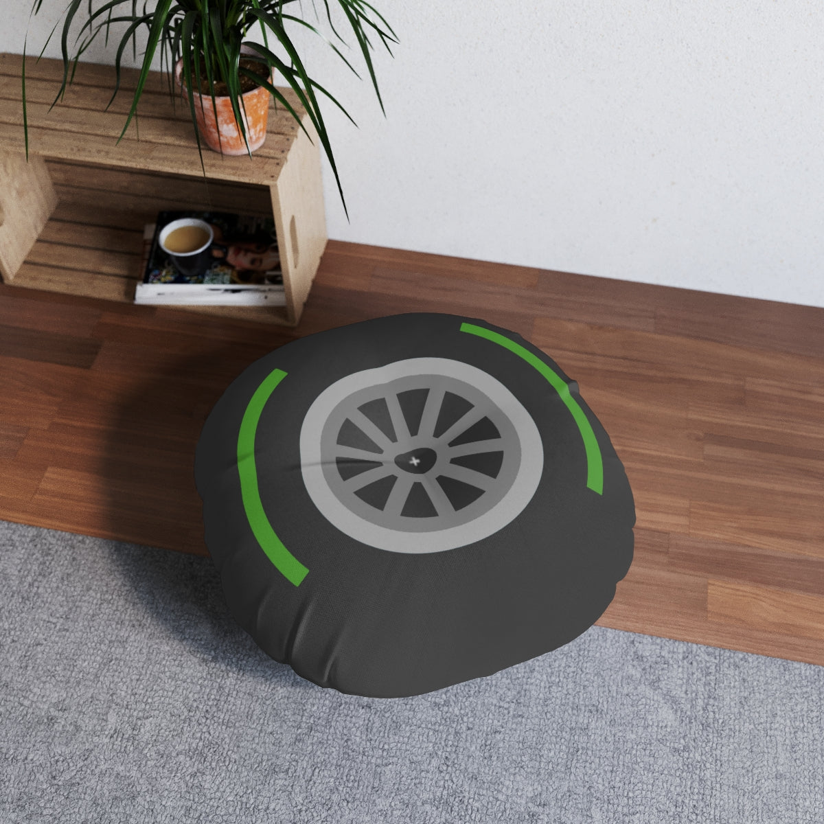 Motorsport Tire - Green Tufted Floor Pillow, Round - FormulaFanatics