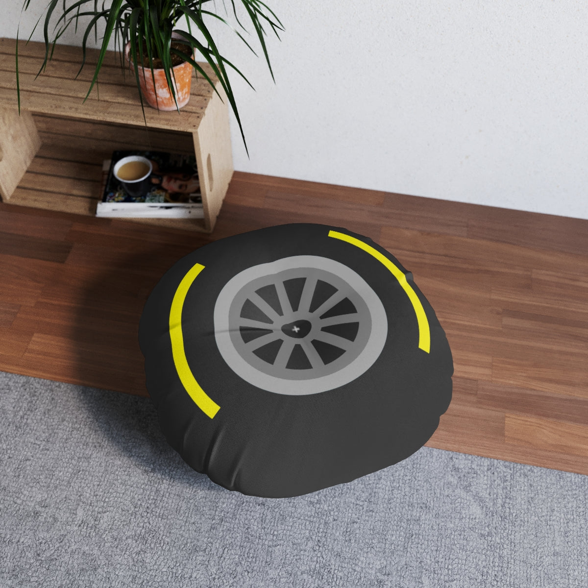 Motorsport Tire - Yellow Tufted Floor Pillow, Round - FormulaFanatics